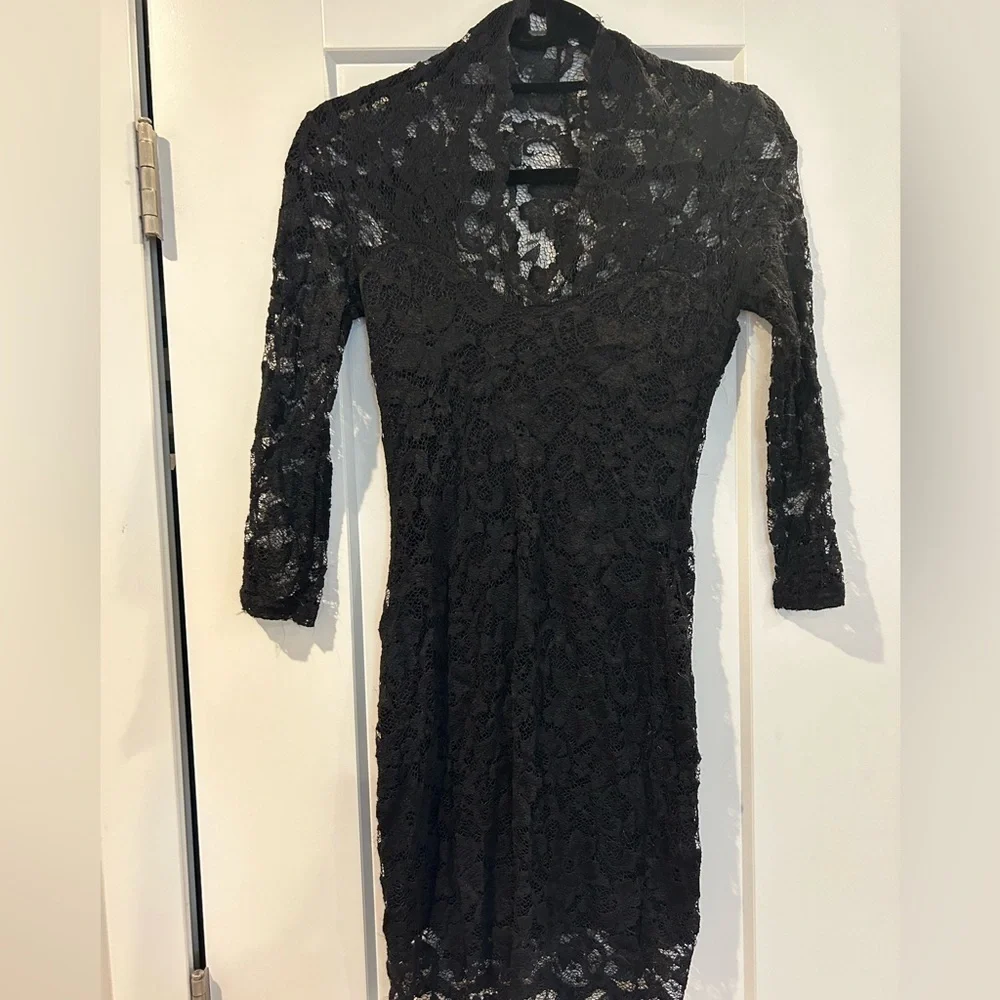 Asos Black Lace Low V Formal Sheath Dress Size 6 Holiday - Picture 3 of 5